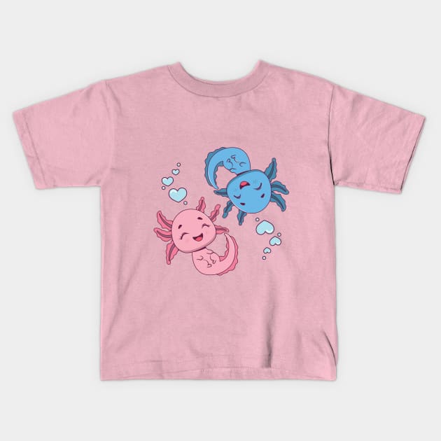 Cute axolotl couple in love Kids T-Shirt by GazingNeko